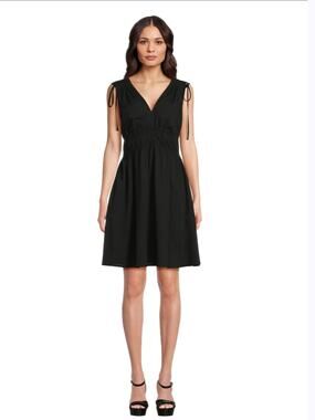 Casual Summer Black Tie Shoulder Mini Dress Smocked Waist V-Neck Sz L